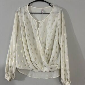 Xhilaration Women's Petite Blouse Small White Glitter Polka Dot Long Sleeve‎